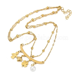 Двухслойные ожерелья из нержавеющей стали 304 и искусственного жемчуга в форме клевера в форме сердца для женщин&nbsp;LS-NJEW-V004-02G