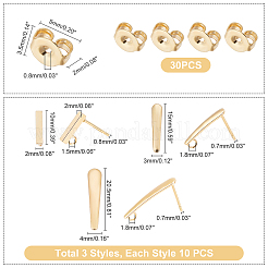 30個 3スタイル 304ステンレススチールスタッドピアス金具  カン付き  30個のイヤーナット  ゴールドカラー  5~20.5x2~4.5x2~4mm  穴：1.5~1.8mm  ピン：0.7~0.8mm  60個/箱&nbsp;STAS-DC0001-39
