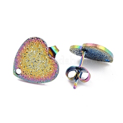 イオンプレーティング（IP）304ステンレススチールスタッドピアス金具  ピアスキャッチ/ピアスバックキャッチと穴付き  テクスチャード加工のハート型  虹色  12x13x1mm  ピン：0.8mm&nbsp;EJEW-O104-14MC