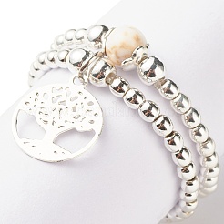 2шт 2-х стильные кольца из натурального магнезита и синтетического гематита с латунными подвесками в виде дерева жизни&nbsp;RJEW-JR00474-02