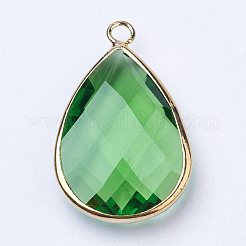 (クリアランス セール)ゴールデン トーン ブラス ガラス ティアドロップ ペンダント  多面カット  ライム  22x13x5mm  穴：2mm&nbsp;GLAA-M006-B-10G