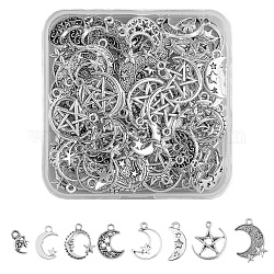 Superrisultati 112 pz 8 ciondoli in lega stile tibetano stile, luna con stelle, argento antico, 12~22x7~18x1.5~2.5mm, Foro: 1.4~2 mm, 14pcs / style