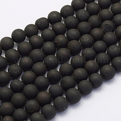 Electroplate Natural Druzy Agate Beads Strands, Dyed, Round, Frosted, Black Plated, 12mm, Hole: 1mm, about 32pcs/strand, 15.7 inch(40cm)