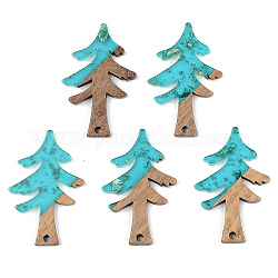 Transparent Resin & Walnut Wood Pendants, with Gold Foil, Christmas Tree, Dark Turquoise, 38x24.5x3mm, Hole: 2mm