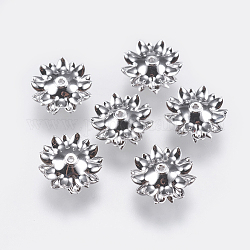 Multi-pétalo latón perlas tapas, flor, Platino real plateado, 11x5.5mm, agujero: 1 mm