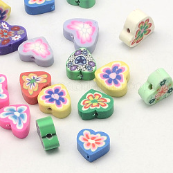 Handmade Polymer Clay Flat Heart with Flower Beads, Mixed Color, 10x12x4.5mm, Hole: 2mm