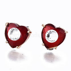 Clous d'oreilles en laiton, avec des épingles en verre et en acier, cœur, or clair, rouge, 12x13mm, pin: 0.6 mm