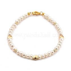 Natürliche kultivierte Süßwasserperlen Perlen Armbänder, mit Messingperlen und 304 Karabinerverschluss aus Edelstahl, Flachrund, golden, 19.2 Zoll (7-1/2 cm)