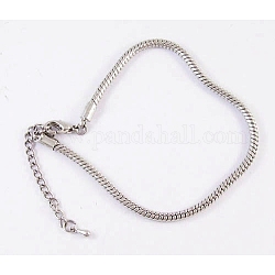 Brass European Style Bracelets, with Brass Lobster Claw Clasp, Platinum, WhiteSmoke, Size: about 3mm thick, 20cm long, Iron Chain: 6.5cm (Excluding the length of Lobster Claw Clasp)