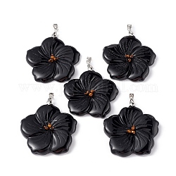 Colgantes grandes de ónix negro natural (teñido y calentado), encantos de flor de durazno, con ganchos a presión de aleación chapada en platino, 57x48x9mm, agujero: 6x4 mm