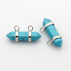 Synthetic Turquoise Hexagon Double Terminated Pointed Pendants, with Platinum Tone Brass Findings, 14x29~35x10mm, Hole: 3mm