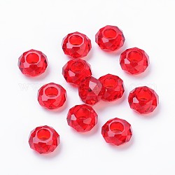 Perles européennes en verre, Perles avec un grand trou   , pas de noyau métallique, rondelle, rouge, 14x8mm, Trou: 5mm