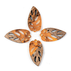 Resin & Walnut Wood Pendants, Leaf, Orange, 28x15x3mm, Hole: 2mm