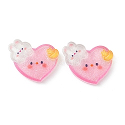 Cabujones de resina translúcida, corazón brillante con conejo, rosa perla, 26x27.5x5.5mm