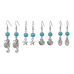 Turquoise synthétique pendentif Boucles d'oreilles en perles, Boucles d'oreilles thème océan en alliage de style tibétain, forme mixte, argent antique, 40~56x8~12mm