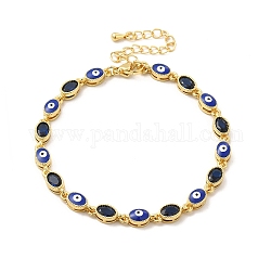 Bracelet chaîne à maillons ovales en verre et mauvais œil en émail, bijoux en laiton doré pour femme, bleu moyen, 7-1/4 pouce (18.3 cm)
