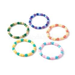 Handgefertigte Polymer-Ton-Säulenperlen Stretch-Armbänder, mit Messing-Perlen, Mischfarbe, Innendurchmesser: 2~2-1/8 Zoll (5.15~5.25 cm)