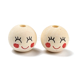 Perles européennes en bois imprimées, perles rondes en bois à grand trou avec imprimé visage souriant, non teint, rouge, 20x18mm, Trou: 5mm, environ217 pcs / 500 g.