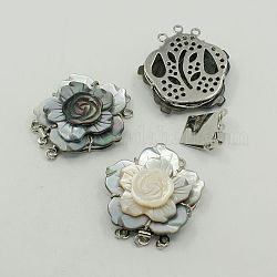 Sea Shell Box Clasps, with Brass Findings, Flower, Platinum Metal Color, Mixed Color, 38x35x10mm, Hole: 2mm