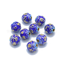 Goldton Messing Emaille-Perlen, Runde, mit chinesischen Zeichen, Blau, 10 mm, Bohrung: 2 mm