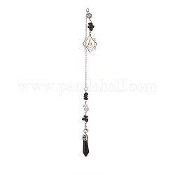 Pendules de radiesthésie pointus en obsidienne naturelle, avec fleur en acier inoxydable, balle, 270mm, pendentif: 26x24.7x1.3 mm