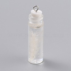 Decorazioni ciondolo bottiglia di vetro trasparente, con interno in piuma e tappo in plastica, bianco, 41x11mm, Foro: 2 mm