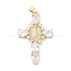Rack Plating Brass Micro Pave Cubic Zirconia Pendants, Cadmium Free & Lead Free, Real 18K Gold Plated, Cross with Saint, Clear, 45.5x29x6mm, Hole: 4x6mm