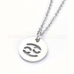 304 Stainless Steel Pendant Necklaces, with Cable Chains and Lobster Claw Clasps, Flat Round with Twelve Constellations, Stainless Steel Color, Cancer, 17.7 inch(45cm), 2mm