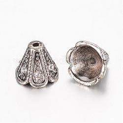 Tibetan Style Alloy Bead Caps, with Rhinestone, 4-Petal Flower, Antique Silver, 10.5x9mm, Hole: 1mm