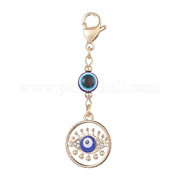 Alliage d'émail mauvais œil avec décoration pendentif en strass, perles de résine et 304 fermoir mousqueton en acier inoxydable, plat rond, 59mm