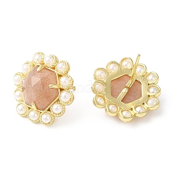 Boucles d'oreilles hexagonales en pierre de soleil naturelle, avec perles en plastique, bijoux en laiton plaqué or véritable 14k, 17x18mm