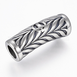 304 Stainless Steel Magnetic Clasps with Glue-in Ends, Column with Leaves, Antique Silver, 29x9~9.5mm, Hole: 6mm