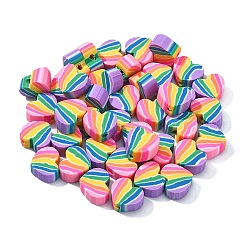 200Pcs Handmade Polymer Clay Beads, Heart with Stripe Pattern, Mixed Color, 7.5x9x4mm, Hole: 1.2mm