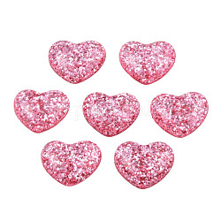 Cabochons in resina, con polvere di scintillio, cuore, rosa caldo, 14x16x5mm