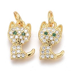 Brass Micro Pave Clear Cubic Zirconia Pendants, Long-Lasting Plated, with Jump Rings, Cat, Golden, 11.5x7x2mm, Hole: 4.5x0.8mm