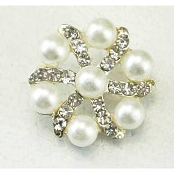 Boutons de perle acrylique et de strass, avec accessoires en alliage plaqué d'argent, 1-trou, fleur, blanc, 20x9.5mm, Trou: 2mm