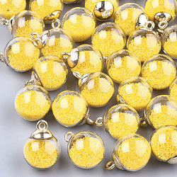 Glass Ball Pendants, with Micro Beads and CCB Plastic Findings, Round, Gold, 21x15.5~16mm, Hole: 2mm