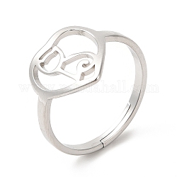 201 Stainless Steel Finger Ring, Heart with Cat Rings for Women, Pet Theme, Stainless Steel Color, US Size 6 1/4(16.7mm)