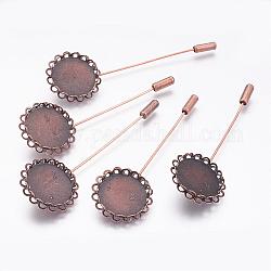 Iron Brooch Findings with Brass Pins, for Vintage Brooch Making, Lead Free, Red Copper, 70x24mm, Flat Round Tray: 20mm