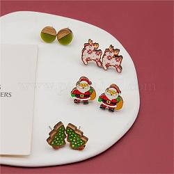 4 paio di orecchini a bottone in legno stampato con Babbo Natale, cervo e albero di Natale, orecchino piatto rotondo in legno e resina, colore misto, 16~17x10~17mm