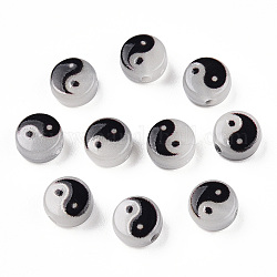 Perles acryliques transparentes lumineuses, plat rond avec motif yin yang, noir, 7x4mm, Trou: 1.5mm