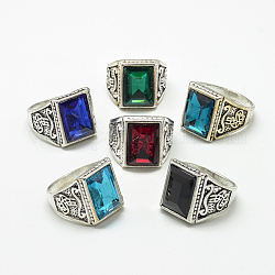 Glass Wide Band Finger Rings, with Alloy Ring Findings, Faceted, Rectangle, Antique Silver, Size 7~11, Mixed Color, 17~21mm