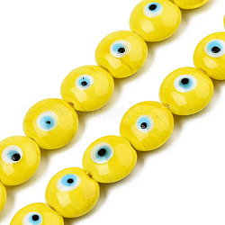 Chapelets de perles vernissées manuelles, plat rond, jaune, 14~16x16~17x8.5~9mm, Trou: 1mm, Environ 25 pcs/chapelet, 14.96 pouce (38 cm)