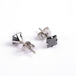 Clous d'oreilles de carré avec zircon cubique, avec des épingles en 304 acier inoxydable, noir, 6.5x6mm, pin: 0.9 mm