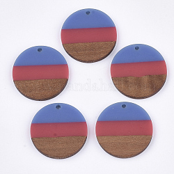 Dreifarbige Anhänger aus Harz und Walnussholz, Flachrund, Kornblumenblau, 28x3.5 mm, Bohrung: 2 mm