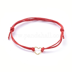 Bracelets réglables en cordon de coton ciré, bracelets ficelle rouge, avec 304 anneau de saut coeur en acier inoxydable, rouge, 1-5/8 pouce ~ 3-1/2 pouces (4~9 cm)