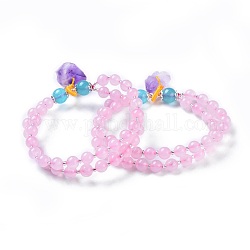 Natural Rose Quartz Stretch Multi-strand Charm Bracelets, with Dyed Jade, Acrylic & Amethyst Beads, Alloy Findings, Pink, 2 inch~2-1/8 inch(5.2~5.3cm)