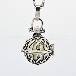 Antique Silver Brass Cage Pendants, Chime Ball Pendants, Infinity, with Brass Spray Painted Bell Beads, Lemon Chiffon, 35x22x20mm, Hole: 3x5mm, Bell: 16mm