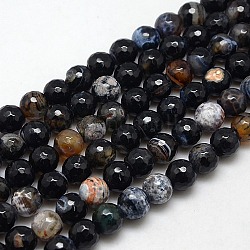 Natural Fire Agate Beads Strands, Faceted Round, Dyed, Black, 12mm, Hole: 1mm, about 30pcs/strand, 14.56inch