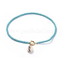 Colliers pendentif coquille cauris, avec des perles turquoise synthétiques teintes et des fermoirs à ressort en laiton, boite d'emballage, turquoise, 15.9 pouce (40.5 cm)